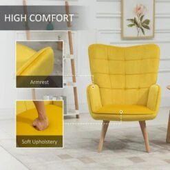 HOMCOM Modern Accent Chair Velvet-Touch Tufted Wingback Armchair Wood Legs Yellow -Living Room Furniture Store 42768465 4