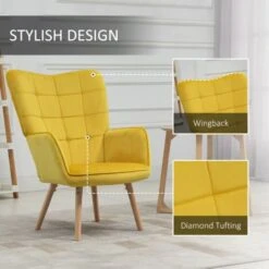 HOMCOM Modern Accent Chair Velvet-Touch Tufted Wingback Armchair Wood Legs Yellow -Living Room Furniture Store 42768465 5