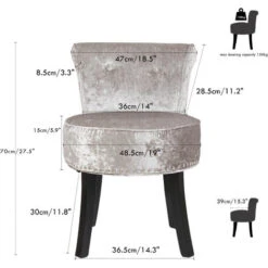 Upholstered Velvet Vanity Stool Chair With Wood Legs Bedroom Dressing Stool, Silver -Living Room Furniture Store 42771930 5