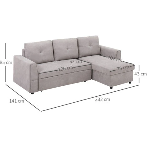 HOMCOM Linen-Look L-Shaped Sofa Bed W/ Storage Bed Sleeper Flat Studio Grey 4 HOMCOM Linen-Look L-Shaped Sofa Bed W/ Storage Bed Sleeper Flat Studio Grey - Image 2