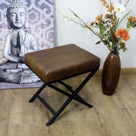 Brown Leather Artisan Cross-Legged Black Frame Stool 3 Brown Leather Artisan Cross-Legged Black Frame Stool