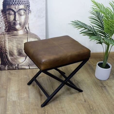 Brown Leather Artisan Cross-Legged Black Frame Stool 4 Brown Leather Artisan Cross-Legged Black Frame Stool - Image 2