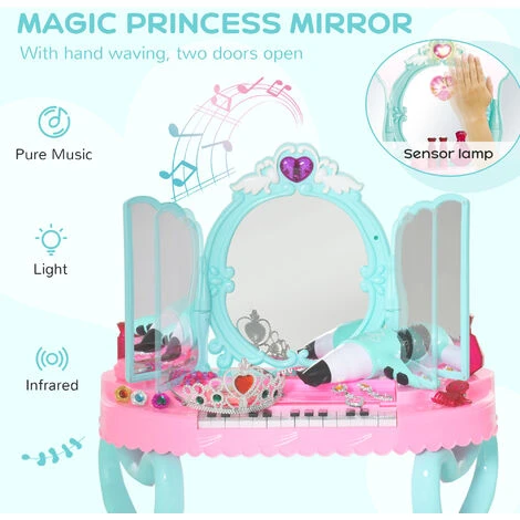 HOMCOM 2 In 1 Kids Vanity Dressing Table Play Set 13 Key Piano Keyboard Aged 3-6 7 HOMCOM 2 In 1 Kids Vanity Dressing Table Play Set 13 Key Piano Keyboard Aged 3-6 - Image 5
