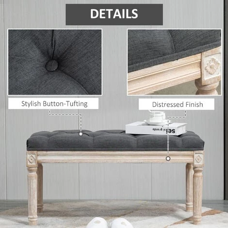 HOMCOM Accent Bench Tufted Upholstered Foot Stool Linen-Touch Fabric Ottoman Gray 6 HOMCOM Accent Bench Tufted Upholstered Foot Stool Linen-Touch Fabric Ottoman Gray - Image 4