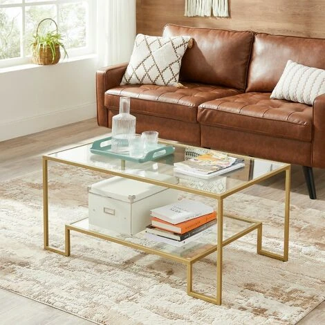 VASAGLE Glass Coffee Table With Storage For Living Room, Tempered Glass Surface, Steel Frame, 100 X 55 X 45 Cm, Golden Color By SONGMICS LGT033A01 4 VASAGLE Glass Coffee Table With Storage For Living Room, Tempered Glass Surface, Steel Frame, 100 X 55 X 45 Cm, Golden Color By SONGMICS LGT033A01 - Image 2