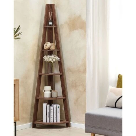 Modern Ladder Corner Shelf 4 Tiers Bookcase Dark Wood Mobile Solo 4 Modern Ladder Corner Shelf 4 Tiers Bookcase Dark Wood Mobile Solo - Image 2