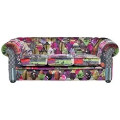 Classic Sofa 3 Seater Button Tufted Patchwork Purple Chesterfield
