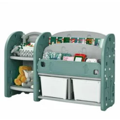Kids Toy Storage Organizer 2-Tier Bookshelf Bookcase Display Rack W/Plastic Bins