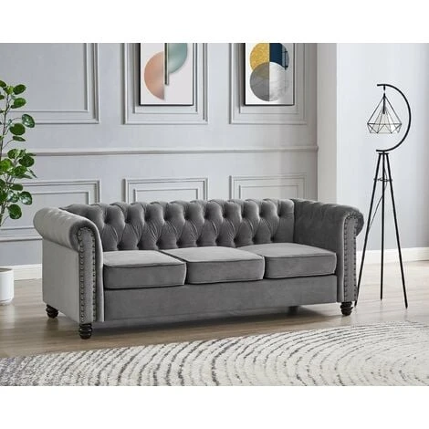 Chesterfield M10 Grey Velvet 3 Seater Sofa 4 Chesterfield M10 Grey Velvet 3 Seater Sofa - Image 2