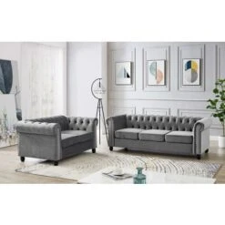 Chesterfield M10 Grey Velvet 3 Seater Sofa 11 Chesterfield M10 Grey Velvet 3 Seater Sofa -Living Room Furniture Store 47808581 5