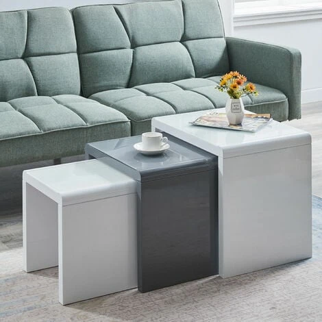 Coffee Side Tables Set Of 3,High Gloss Coffee Table,Nesting Tables,MDF And Glass,White And Grey 2 Coffee Side Tables Set Of 3,High Gloss Coffee Table,Nesting Tables,MDF And Glass,White And Grey