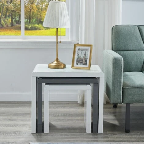 Coffee Side Tables Set Of 3,High Gloss Coffee Table,Nesting Tables,MDF And Glass,White And Grey 4 Coffee Side Tables Set Of 3,High Gloss Coffee Table,Nesting Tables,MDF And Glass,White And Grey - Image 3