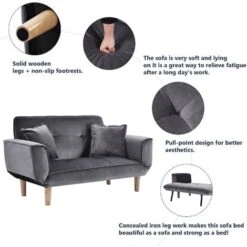 Convertible Sofa Bed 2 Seater Wood Frame, Flannel, Dark Grey 9 Convertible Sofa Bed 2 Seater Wood Frame, Flannel, Dark Grey -Living Room Furniture Store 49874227 3