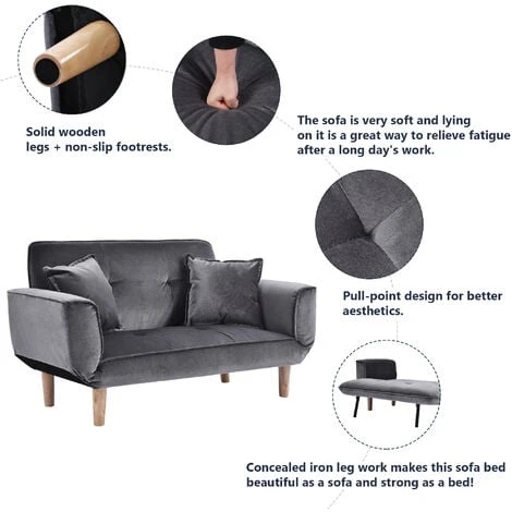 Convertible Sofa Bed 2 Seater Wood Frame, Flannel, Dark Grey 5 Convertible Sofa Bed 2 Seater Wood Frame, Flannel, Dark Grey - Image 3