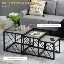 HOMCOM Set Of 3 Nesting Coffee Tables Square End Tables W/ Metal Frame, Grey -Living Room Furniture Store 50241251 4