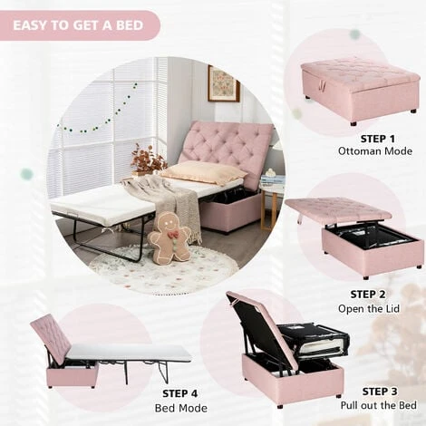 COSTWAY Folding Bed With Mattress, 2-in-1 Convertible Sofa Bed Ottoman, Space-Saving Button Tufted Couch Sleeper Guest Lounger Footstool For Living Room, Bedroom And Office (Pink) 5 COSTWAY Folding Bed With Mattress, 2-in-1 Convertible Sofa Bed Ottoman, Space-Saving Button Tufted Couch Sleeper Guest Lounger Footstool For Living Room, Bedroom And Office (Pink) - Image 3