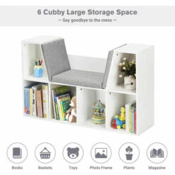 COSTWAY 6-Cube Kids Bookcase, Wooden Display Shelving Unit Organizer With Cushioned Reading Nook, Multi-Functional Storage Shelf Cabinet (White) -Living Room Furniture Store 51318886 3