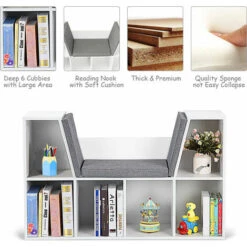 COSTWAY 6-Cube Kids Bookcase, Wooden Display Shelving Unit Organizer With Cushioned Reading Nook, Multi-Functional Storage Shelf Cabinet (White) -Living Room Furniture Store 51318886 4