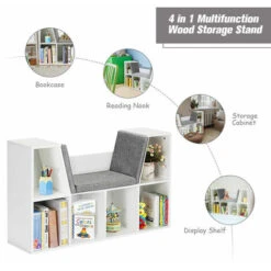 COSTWAY 6-Cube Kids Bookcase, Wooden Display Shelving Unit Organizer With Cushioned Reading Nook, Multi-Functional Storage Shelf Cabinet (White) -Living Room Furniture Store 51318886 5