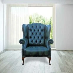 Chesterfield Mallory Buttoned Seat Flat Wing Queen Anne High Back Wing Chair UK Manufactured Antique Green