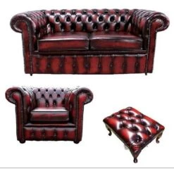 Chesterfield 2 Seater Sofa + Club Chair + Footstool Leather Sofa Suite Offer Antique Oxblood