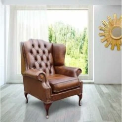 Chesterfield Mallory Flat Wing Queen Anne High Back Wing Chair UK Manufactured Antique Tan Leather
