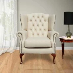Chesterfield Highclere Flat Wing Queen Anne High Back Wing Chair UK Manufactured Cream Leather