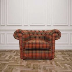 Tartan Checked Wool Chesterfield Club Chair Low Back Armchair DesignerSofas4U