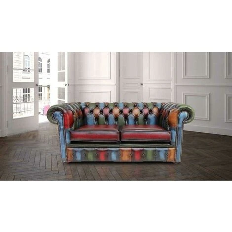 Chesterfield Patchwork Antique 2 Seater Settee Leather Sofa 3 Chesterfield Patchwork Antique 2 Seater Settee Leather Sofa