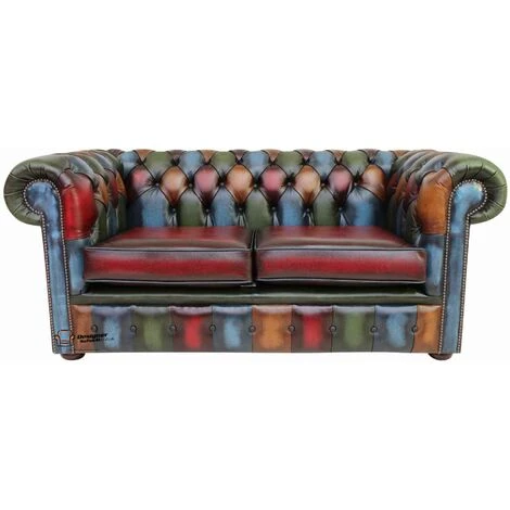 Chesterfield Patchwork Antique 2 Seater Settee Leather Sofa 4 Chesterfield Patchwork Antique 2 Seater Settee Leather Sofa - Image 2