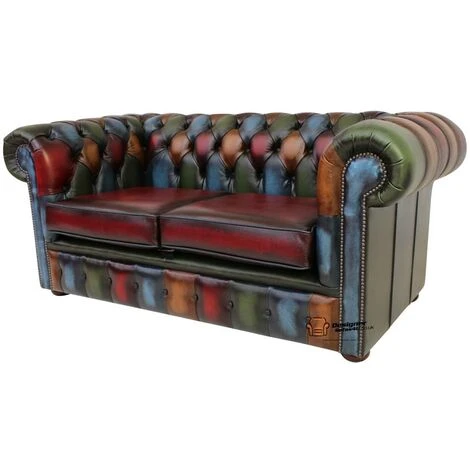 Chesterfield Patchwork Antique 2 Seater Settee Leather Sofa 5 Chesterfield Patchwork Antique 2 Seater Settee Leather Sofa - Image 3