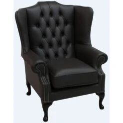 Chesterfield Mallory Flat Wing Queen Anne High Back Wing Chair Dark Chocolate Leather