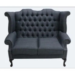 Chesterfield 2 Seater Queen Anne High Back Wing Sofa Charles Charcoal Grey Linen Fabric