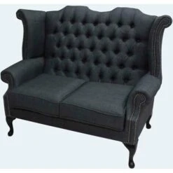 Chesterfield 2 Seater Queen Anne High Back Wing Sofa Charles Charcoal Grey Linen Fabric -Living Room Furniture Store 51596321 3