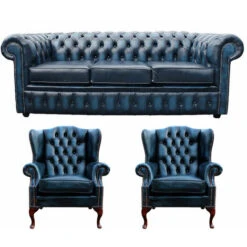 Chesterfield 3 Seater Sofa + 2 X Mallory Wing Chairs Leather Sofa Suite Offer Antique Blue