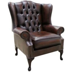 Chesterfield Bloomsbury Flat Wing Queen Anne High Back Wing Chair Antique Brown Leather