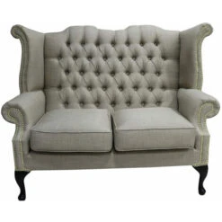 Chesterfield 2 Seater Queen Anne High Back Wing Sofa Charles Fudge Linen Fabric