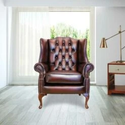 Chesterfield Mallory Flat Wing Queen Anne High Back Wing Chair UK Manufactured Antique Oxblood