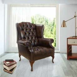 Chesterfield Mallory Buttoned Seat Flat Wing Queen Anne High Back Wing Chair UK Manufactured Antique Brown