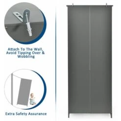 COSTWAY Wooden Storage Cabinet, Floor Standing Cupboard Tall Sideboard With 3-Tier Open Shelves And 2 Doors, Home Living Room Entryway Hallway Display Organiser Unit (Grey) -Living Room Furniture Store 51929037 4