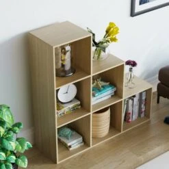 Durham 6 Cube Bookcase Staircase Shelf Wooden Display Storage Rack Free Standing Shelf Unit, Oak-0-Baskets -Living Room Furniture Store 51985129 5