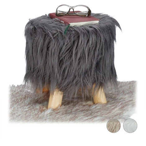 Relaxdays Faux Fur Stool, Fluffy, 4 Wooden Legs, Padded Footstool, Round, Decorative Stand HxD: 31x31 Cm, Grey 3 Relaxdays Faux Fur Stool, Fluffy, 4 Wooden Legs, Padded Footstool, Round, Decorative Stand HxD: 31x31 Cm, Grey