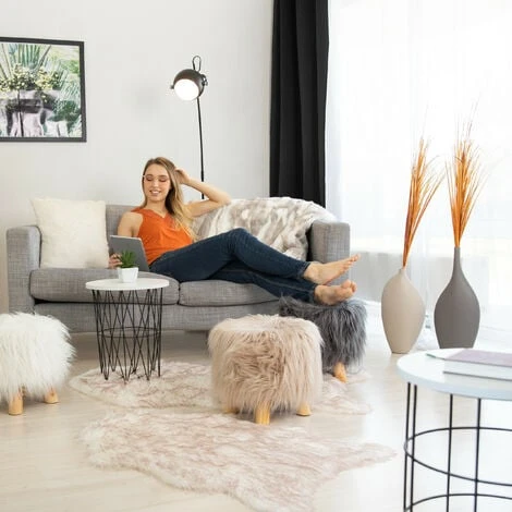 Relaxdays Faux Fur Stool, Fluffy, 4 Wooden Legs, Padded Footstool, Round, Decorative Stand HxD: 31x31 Cm, Grey 5 Relaxdays Faux Fur Stool, Fluffy, 4 Wooden Legs, Padded Footstool, Round, Decorative Stand HxD: 31x31 Cm, Grey - Image 3