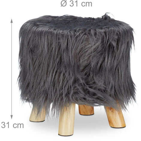 Relaxdays Faux Fur Stool, Fluffy, 4 Wooden Legs, Padded Footstool, Round, Decorative Stand HxD: 31x31 Cm, Grey 6 Relaxdays Faux Fur Stool, Fluffy, 4 Wooden Legs, Padded Footstool, Round, Decorative Stand HxD: 31x31 Cm, Grey - Image 4