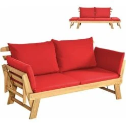 COSTWAY Outdoor Sofa Bed, 3 In 1 Convertible Cushioned Loveseat Lounger Couch With Folding Armrests And Pillows, Garden Patio Yard Wooden Recliner Chair Daybed (Red)