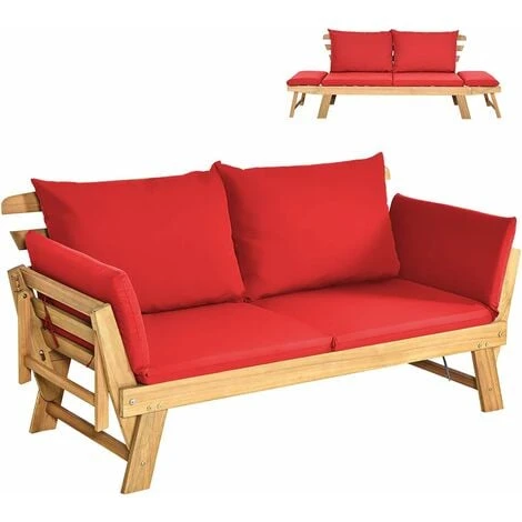COSTWAY Outdoor Sofa Bed, 3 In 1 Convertible Cushioned Loveseat Lounger Couch With Folding Armrests And Pillows, Garden Patio Yard Wooden Recliner Chair Daybed (Red) 3 COSTWAY Outdoor Sofa Bed, 3 In 1 Convertible Cushioned Loveseat Lounger Couch With Folding Armrests And Pillows, Garden Patio Yard Wooden Recliner Chair Daybed (Red)
