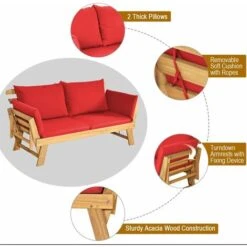 COSTWAY Outdoor Sofa Bed, 3 In 1 Convertible Cushioned Loveseat Lounger Couch With Folding Armrests And Pillows, Garden Patio Yard Wooden Recliner Chair Daybed (Red) 9 COSTWAY Outdoor Sofa Bed, 3 In 1 Convertible Cushioned Loveseat Lounger Couch With Folding Armrests And Pillows, Garden Patio Yard Wooden Recliner Chair Daybed (Red) -Living Room Furniture Store 52786820 3