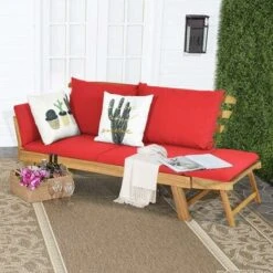 COSTWAY Outdoor Sofa Bed, 3 In 1 Convertible Cushioned Loveseat Lounger Couch With Folding Armrests And Pillows, Garden Patio Yard Wooden Recliner Chair Daybed (Red) 10 COSTWAY Outdoor Sofa Bed, 3 In 1 Convertible Cushioned Loveseat Lounger Couch With Folding Armrests And Pillows, Garden Patio Yard Wooden Recliner Chair Daybed (Red) -Living Room Furniture Store 52786820 4