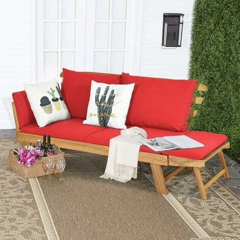 COSTWAY Outdoor Sofa Bed, 3 In 1 Convertible Cushioned Loveseat Lounger Couch With Folding Armrests And Pillows, Garden Patio Yard Wooden Recliner Chair Daybed (Red) 6 COSTWAY Outdoor Sofa Bed, 3 In 1 Convertible Cushioned Loveseat Lounger Couch With Folding Armrests And Pillows, Garden Patio Yard Wooden Recliner Chair Daybed (Red) - Image 4
