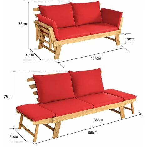 COSTWAY Outdoor Sofa Bed, 3 In 1 Convertible Cushioned Loveseat Lounger Couch With Folding Armrests And Pillows, Garden Patio Yard Wooden Recliner Chair Daybed (Red) 7 COSTWAY Outdoor Sofa Bed, 3 In 1 Convertible Cushioned Loveseat Lounger Couch With Folding Armrests And Pillows, Garden Patio Yard Wooden Recliner Chair Daybed (Red) - Image 5